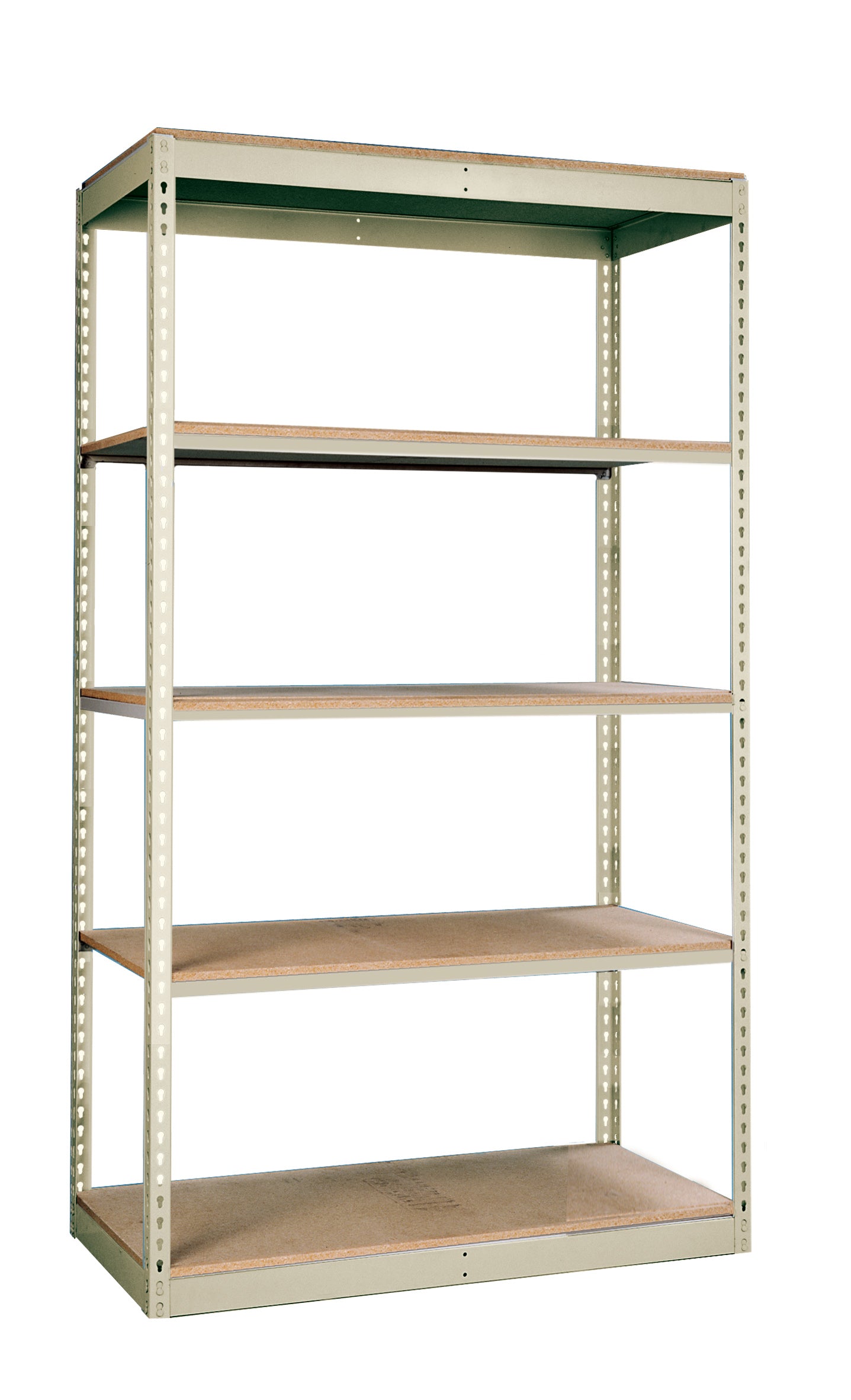 Metal shelving unit with five shelves on a white background