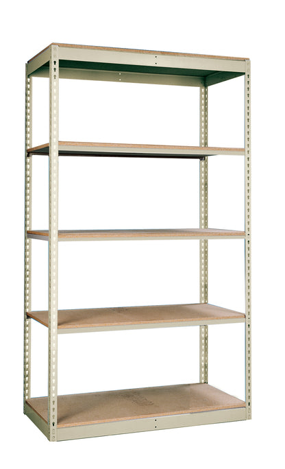 Metal shelving unit with five shelves on a white background