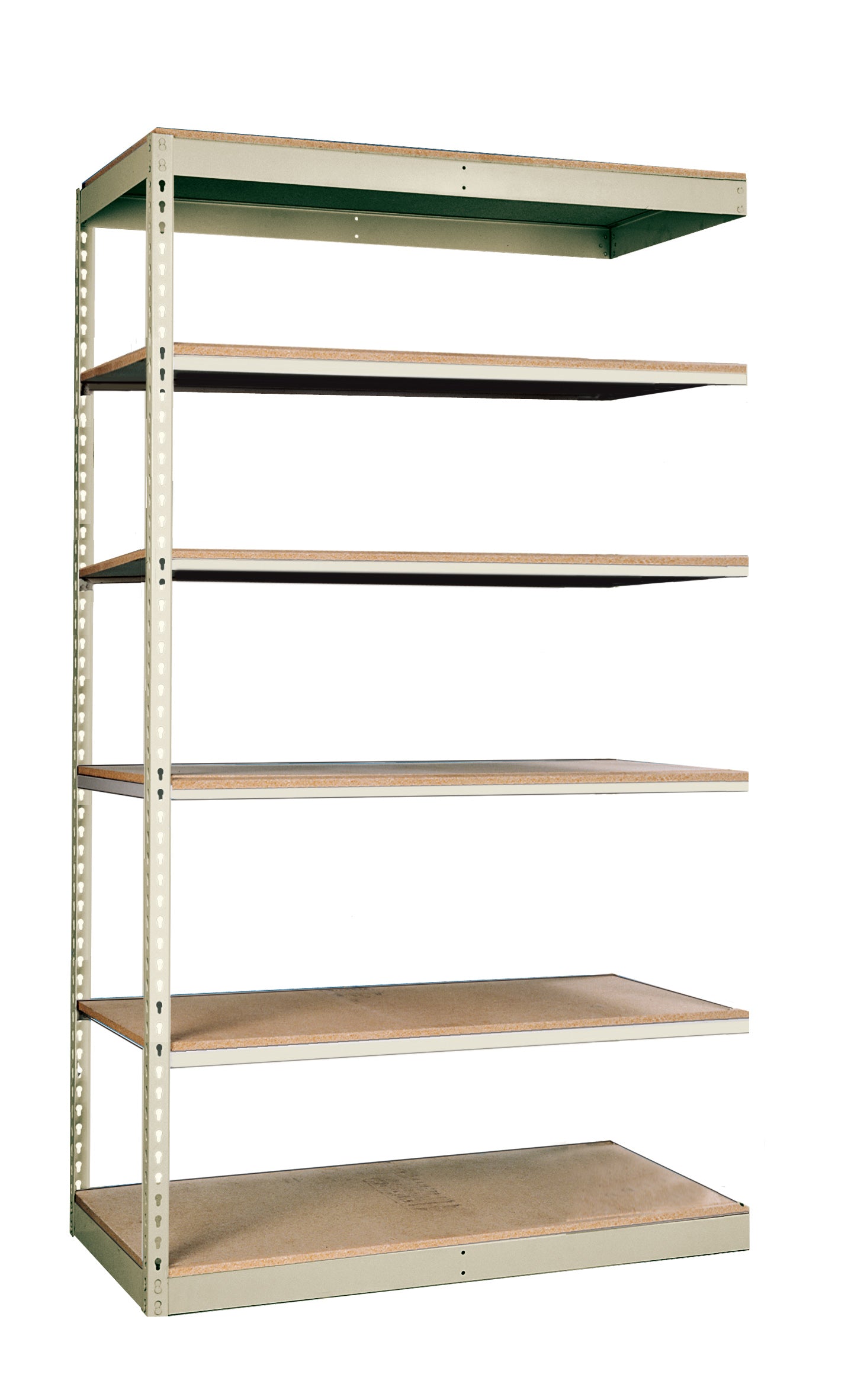 Metal shelving unit with wooden shelves on a white background