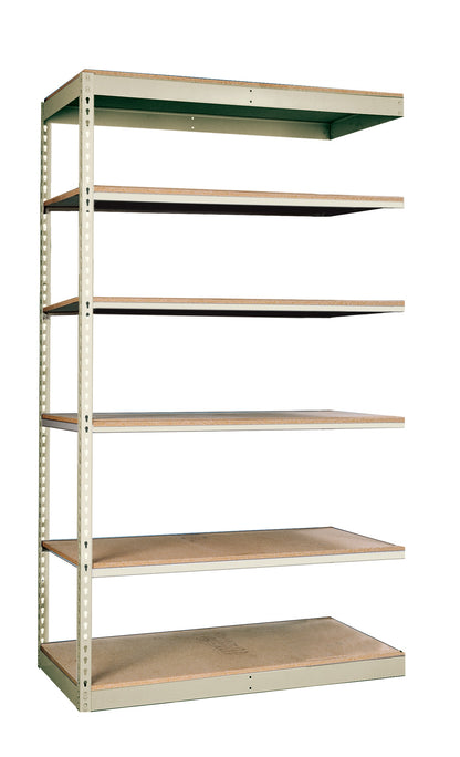 Metal shelving unit with wooden shelves on a white background