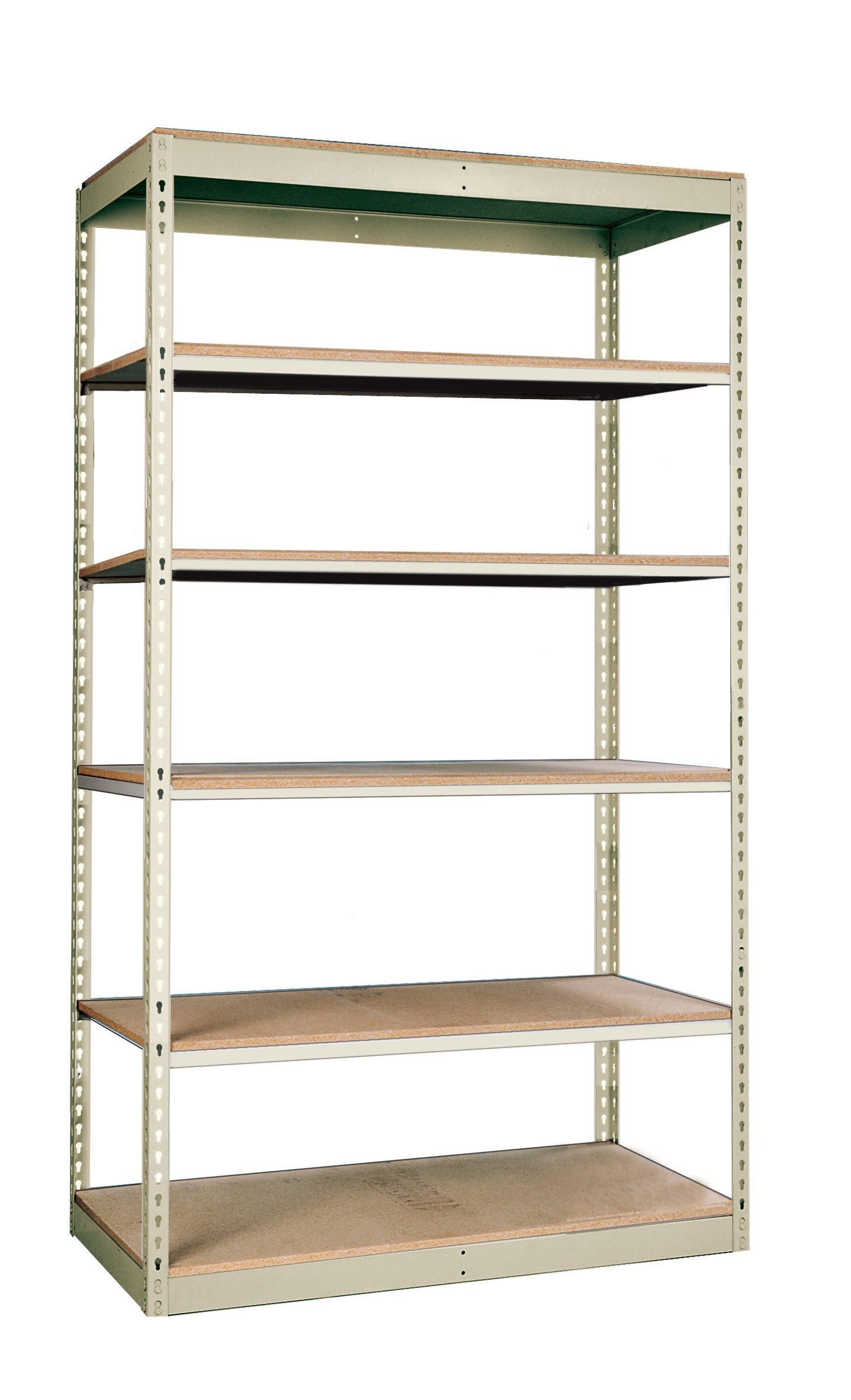Metal shelving unit with wooden shelves on a white background