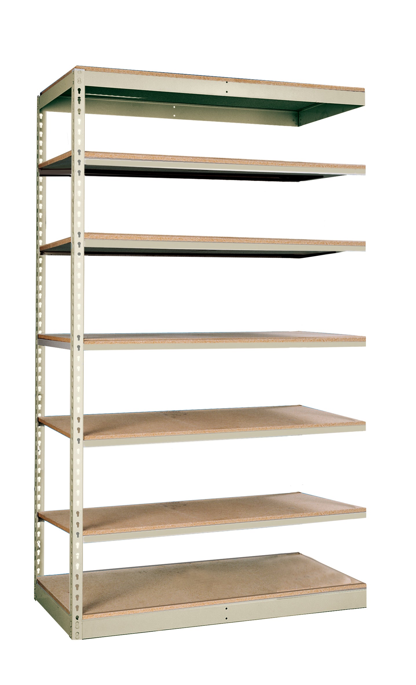 Metal shelving unit with wooden shelves on a white background