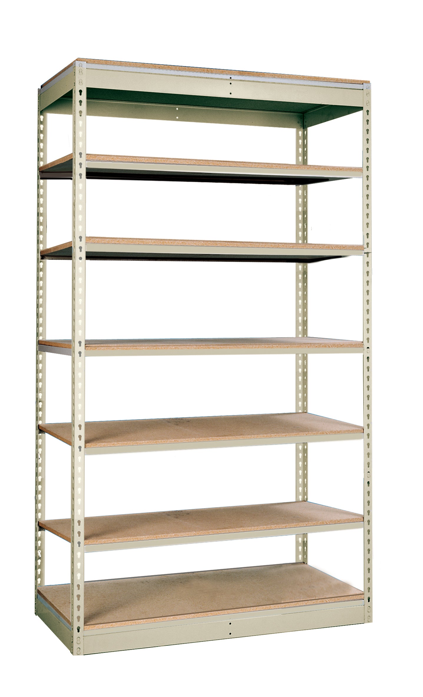 Metal shelving unit with wooden shelves on a white background