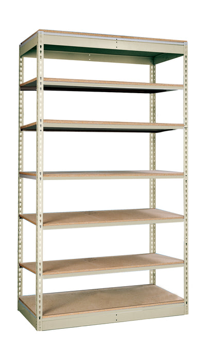 Metal shelving unit with wooden shelves on a white background