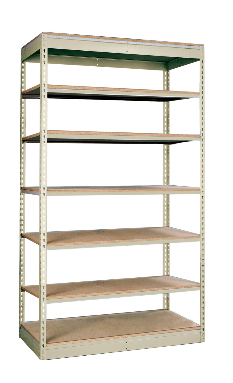 Metal shelving unit with wooden shelves on a white background