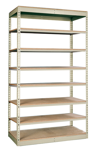 Metal shelving unit with wooden shelves on a white background