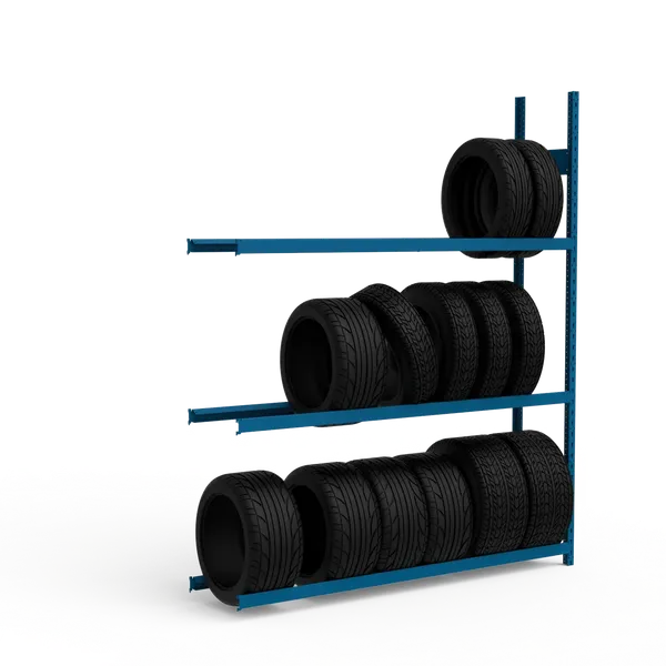 Blue metal tire rack with six tires on a white background