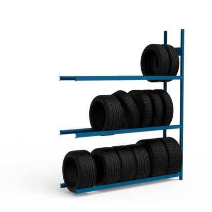 Blue metal tire rack with six tires on a white background