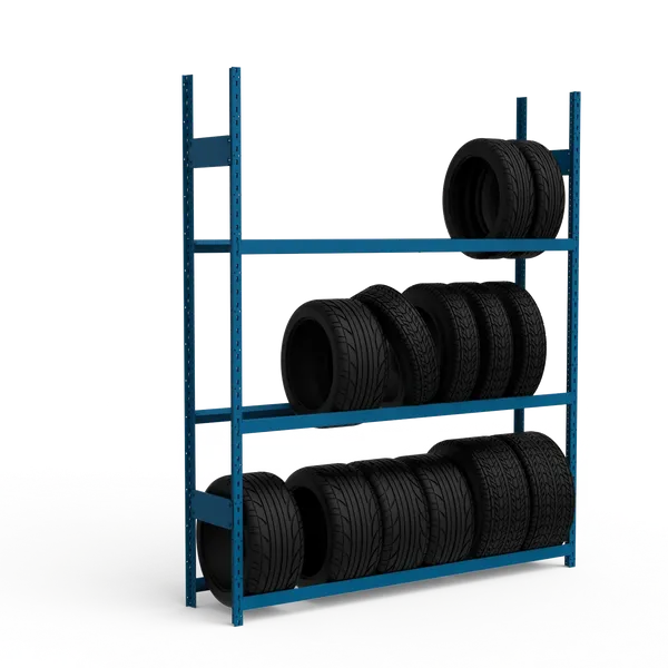 Blue metal tire rack with multiple tires on a white background