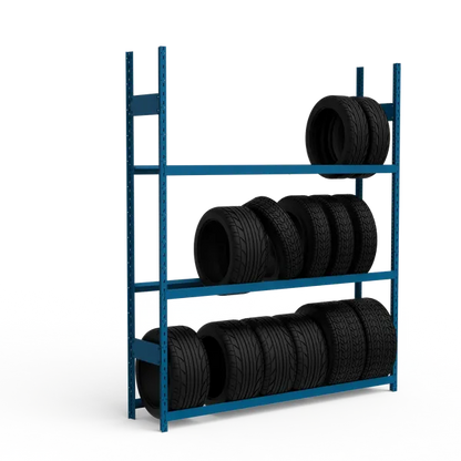 Blue metal tire rack with multiple tires on a white background