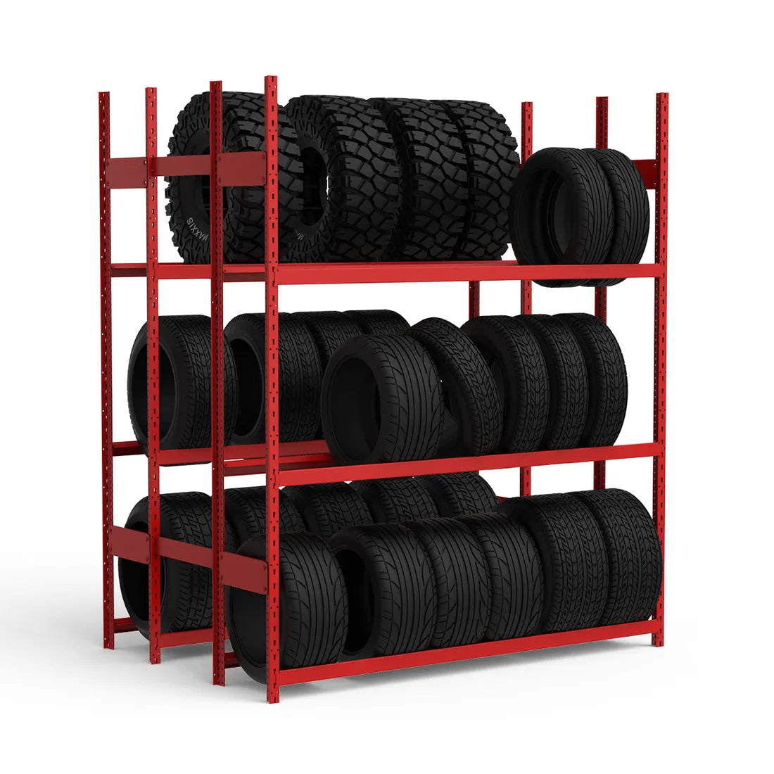 Red metal tire rack with black tires on a white background
