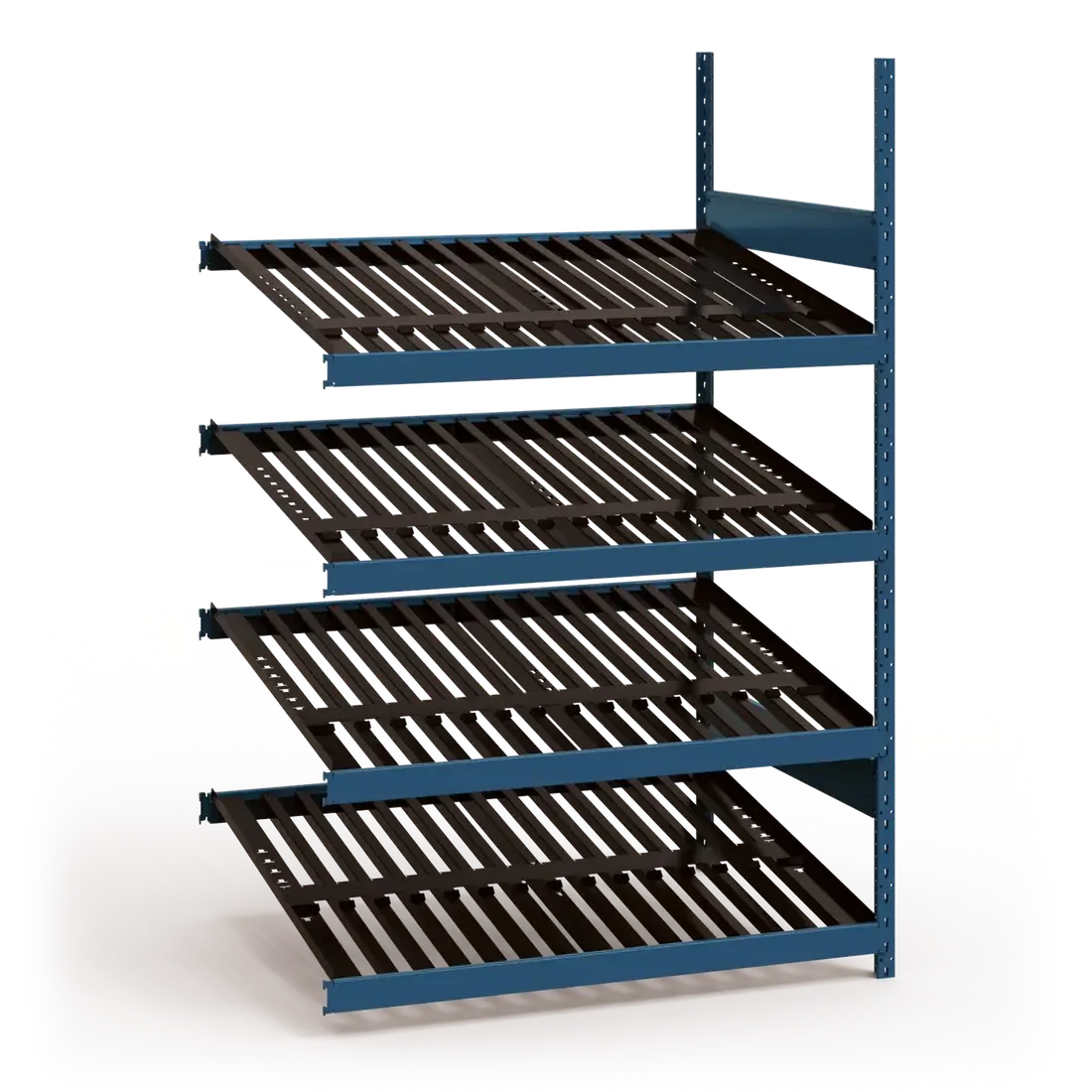 Storage rack with black shelves and blue frame on a white background