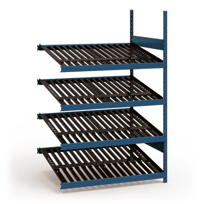Storage rack with black shelves and blue frame on a white background