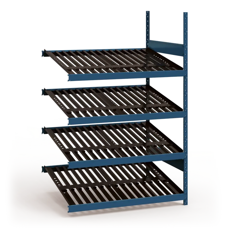 Storage rack with black shelves and blue frame on a white background