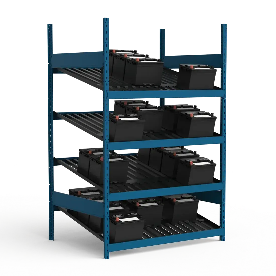 Blue metal shelving unit with black storage bins on a white background