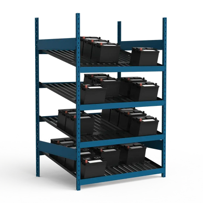 Blue metal shelving unit with black storage bins on a white background