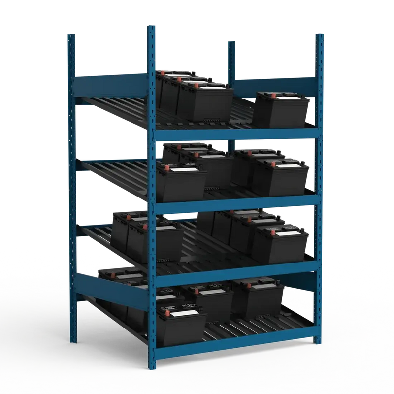Blue metal shelving unit with black storage bins on a white background