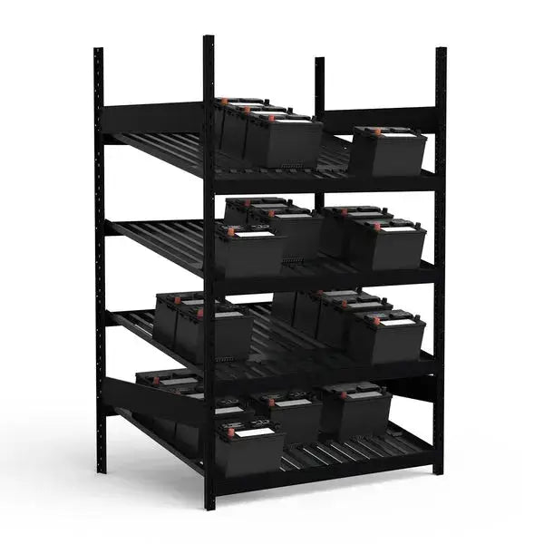Black metal shelving unit with multiple black storage bins on a white background
