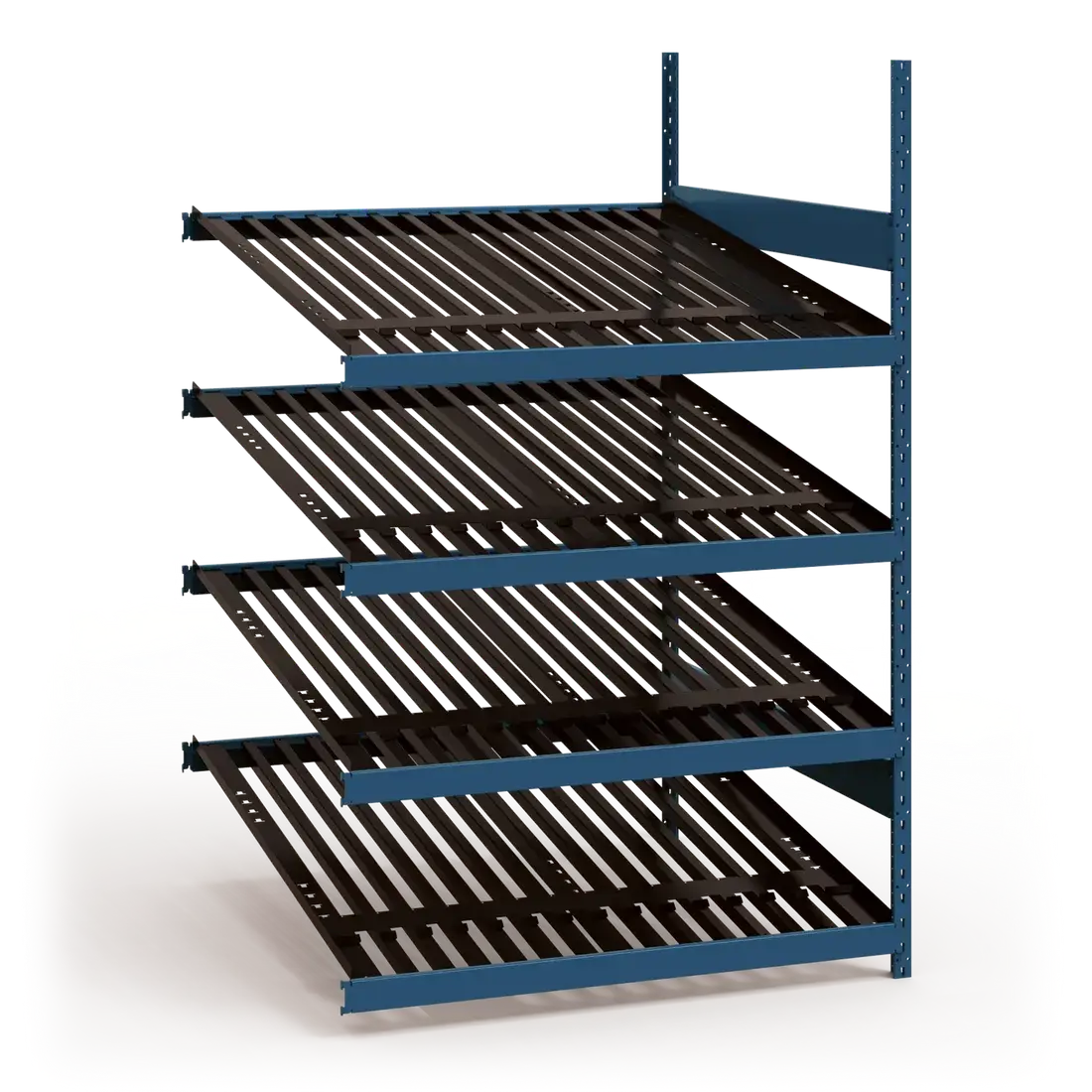 Metal shelving unit with four shelves on a white background