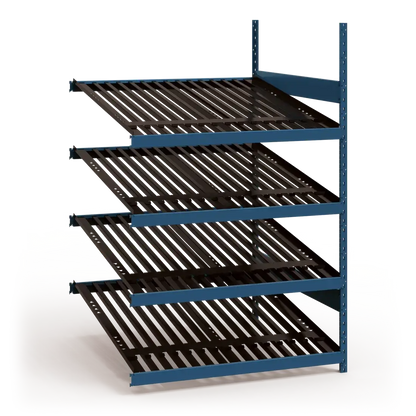 Metal shelving unit with four shelves on a white background