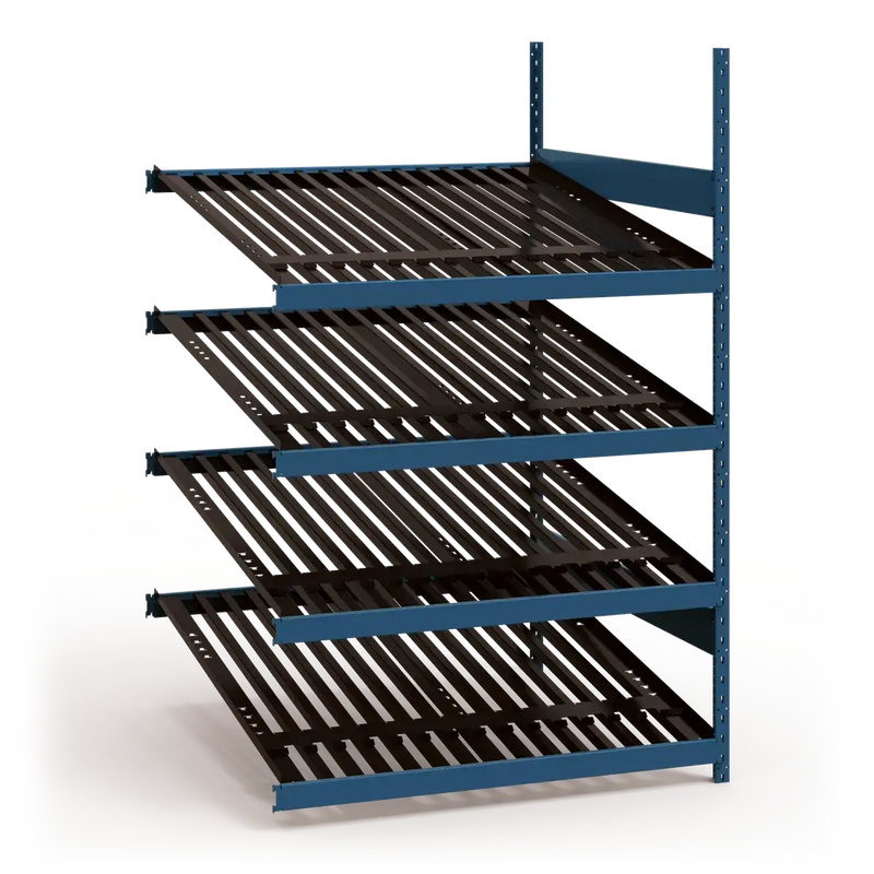 Metal shelving unit with four shelves on a white background