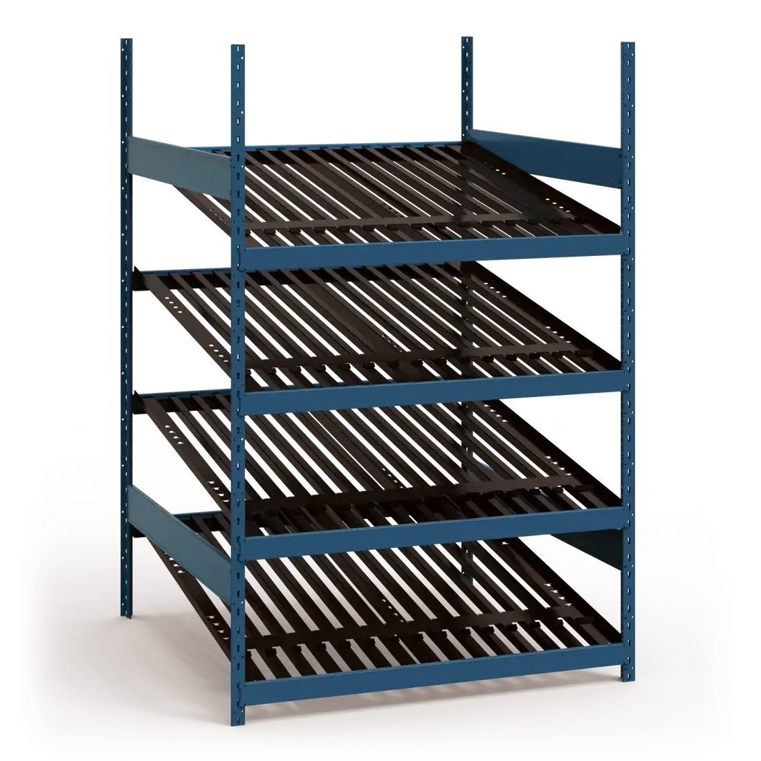 Blue metal shelving unit with multiple shelves on a white background
