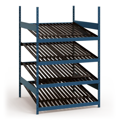 Blue metal shelving unit with multiple shelves on a white background