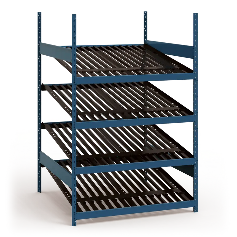 Blue metal shelving unit with multiple shelves on a white background