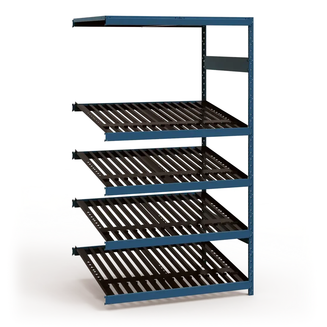 Metal shelving unit with blue frame and black shelves on a white background