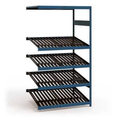 Metal shelving unit with blue frame and black shelves on a white background