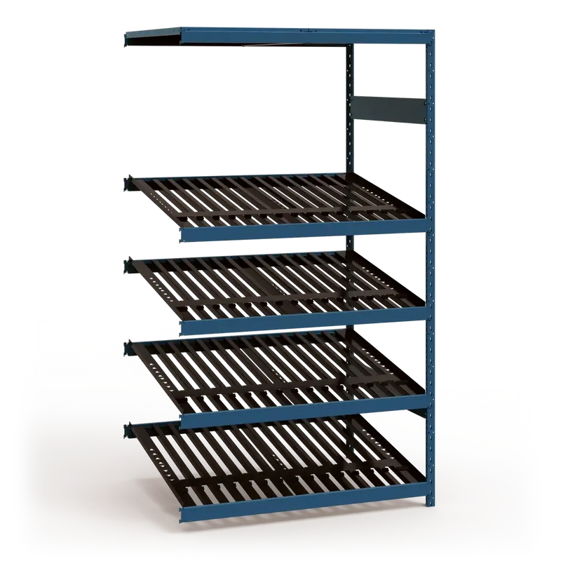 Metal shelving unit with blue frame and black shelves on a white background