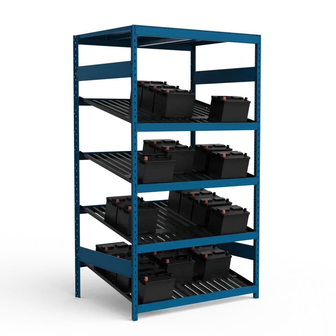 Blue metal storage rack with black bins on a white background