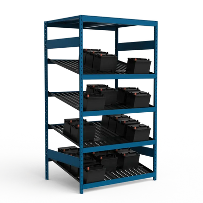 Blue metal storage rack with black bins on a white background