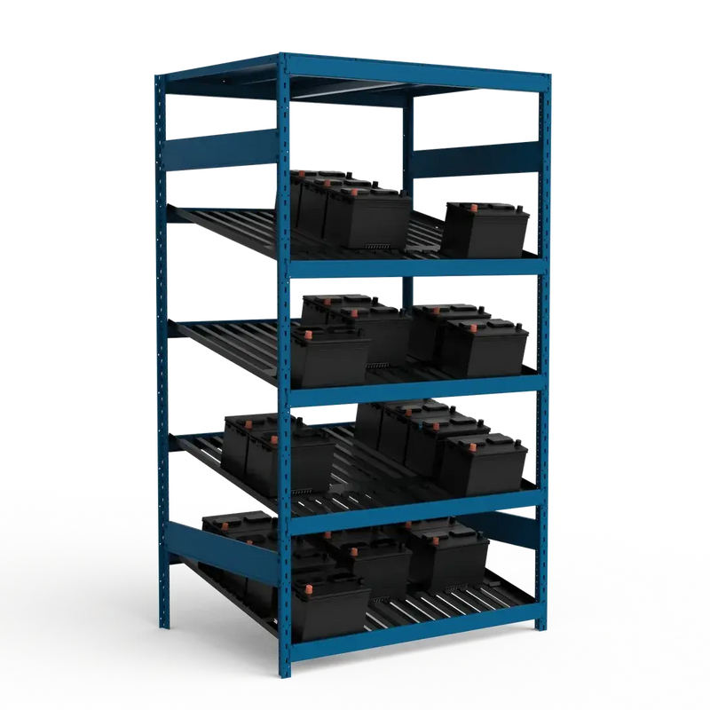 Blue metal storage rack with black bins on a white background