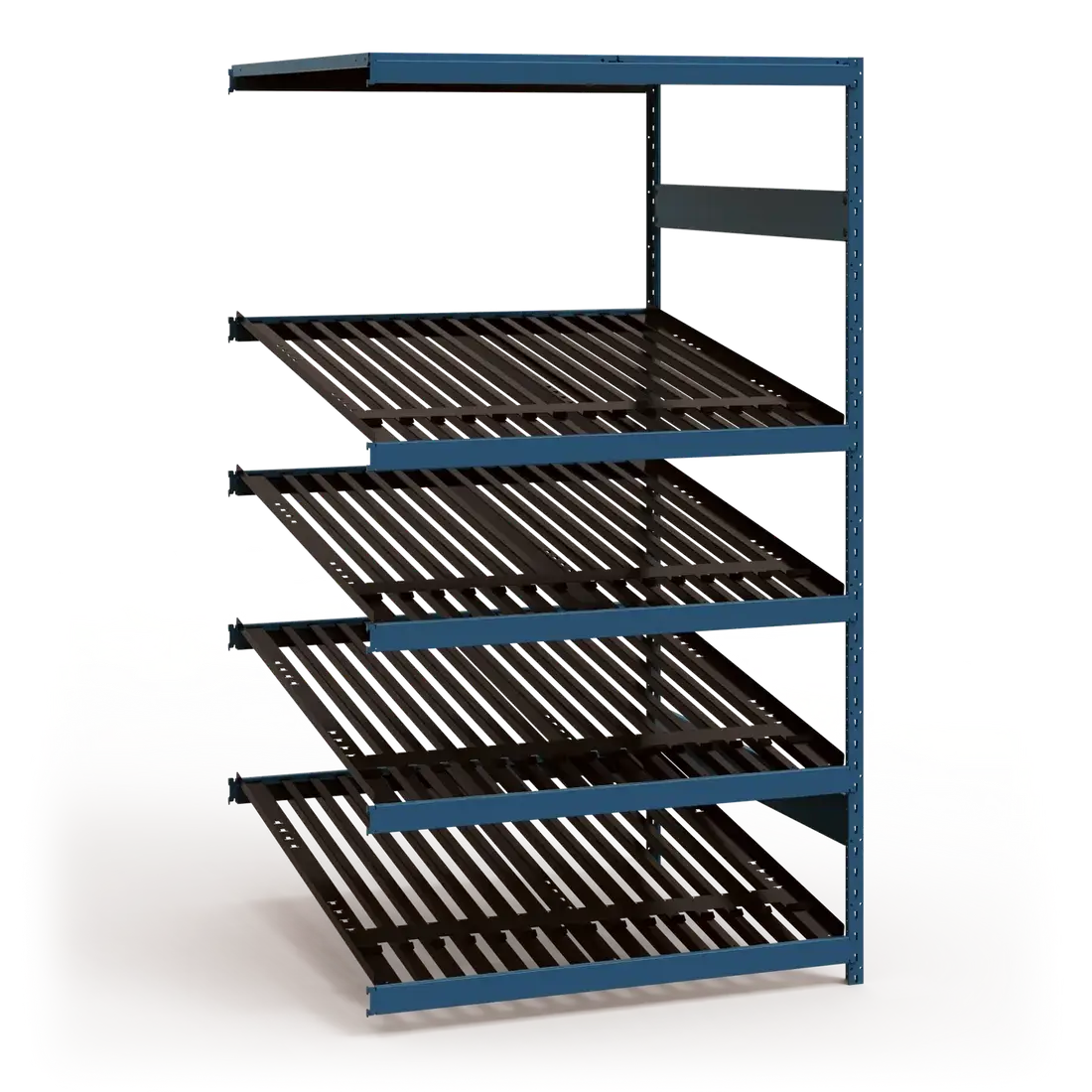 Storage rack with multiple shelves on a white background