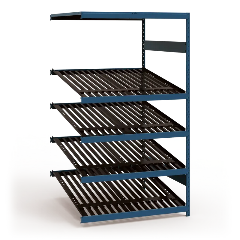 Storage rack with multiple shelves on a white background