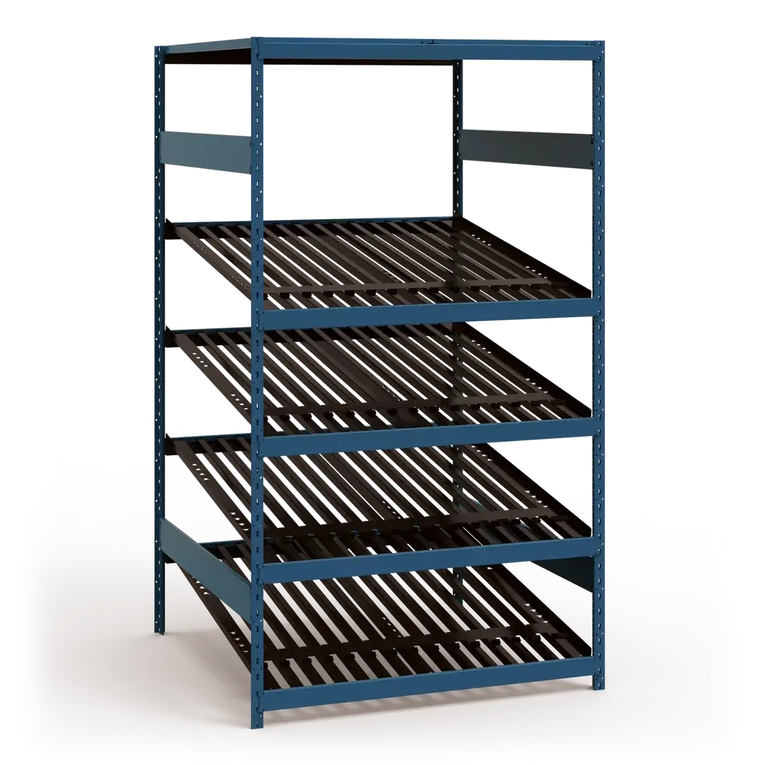 Blue metal shelving unit with multiple shelves on a white background