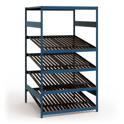 Blue metal shelving unit with multiple shelves on a white background