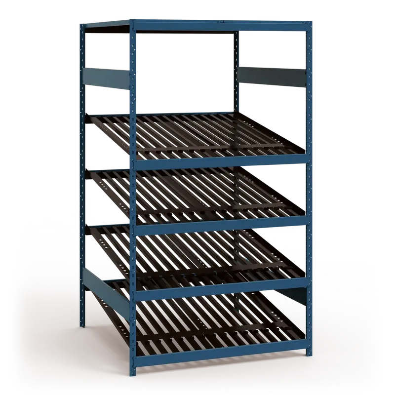 Blue metal shelving unit with multiple shelves on a white background