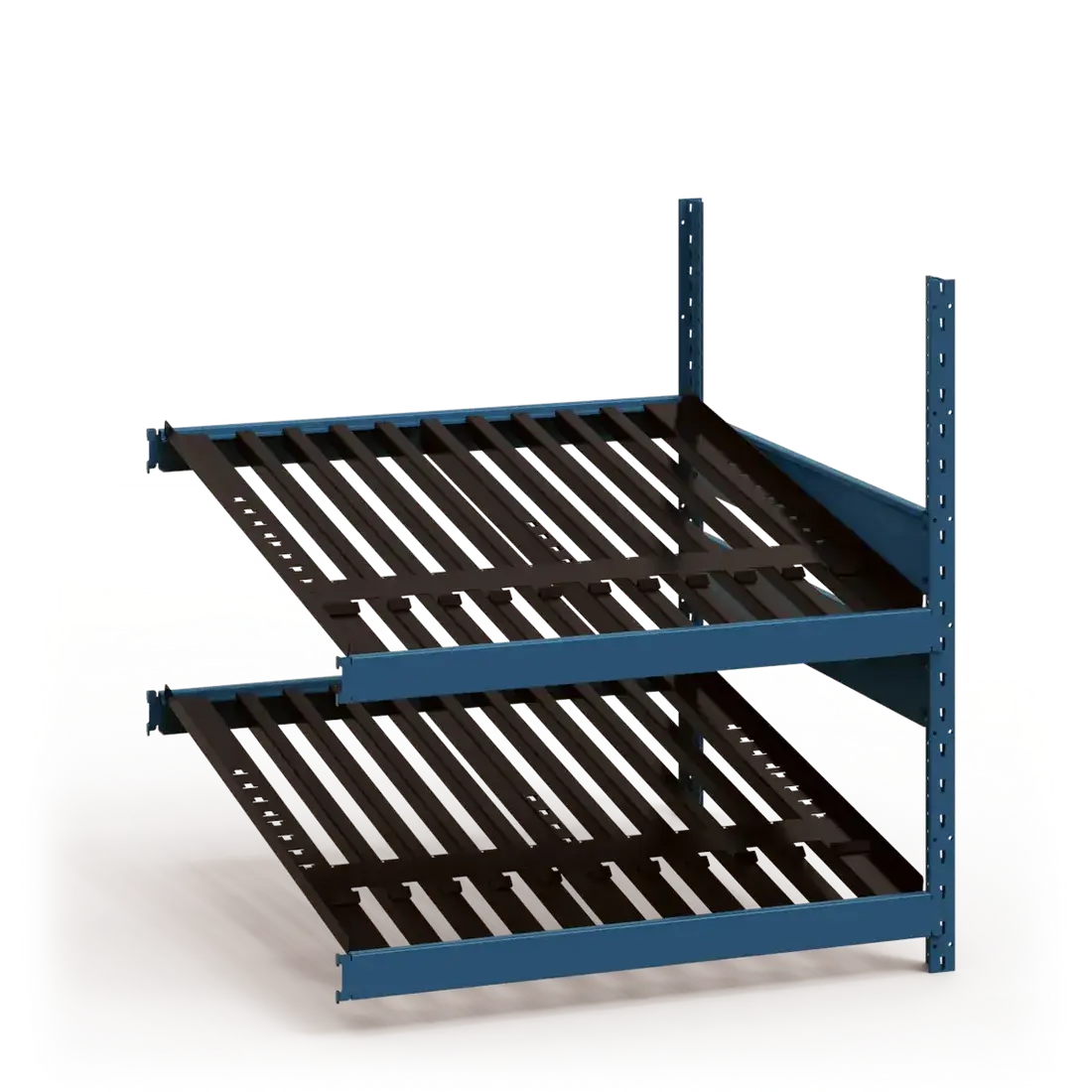Blue metal shelving unit with black slatted shelves on a white background