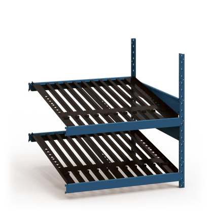 Blue metal shelving unit with black slatted shelves on a white background