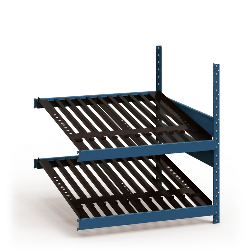 Blue metal shelving unit with black slatted shelves on a white background