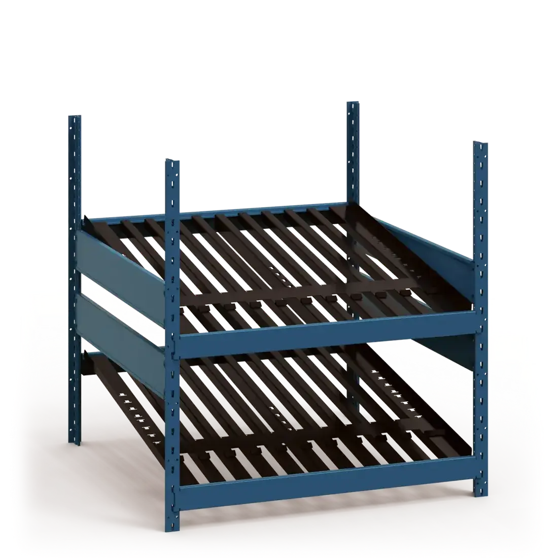 Blue metal shelving unit with black slatted shelves on a white background