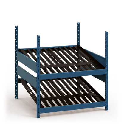 Blue metal shelving unit with black slatted shelves on a white background