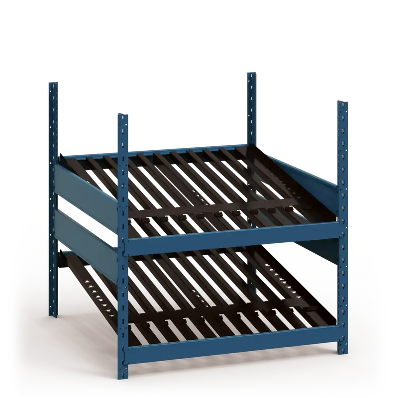 Blue metal shelving unit with black slatted shelves on a white background