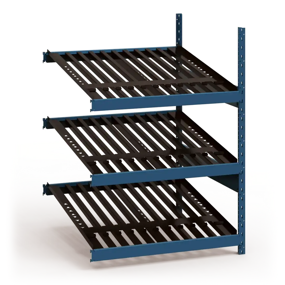 Metal shelving unit with black shelves and blue metal frame on a white background