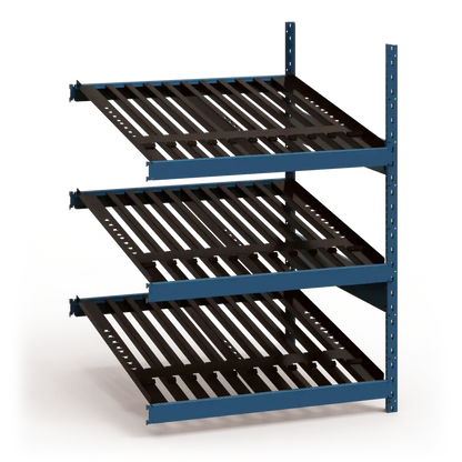 Metal shelving unit with black shelves and blue metal frame on a white background