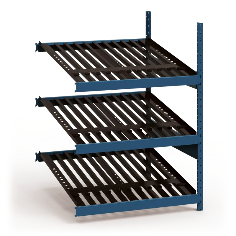 Metal shelving unit with black shelves and blue metal frame on a white background