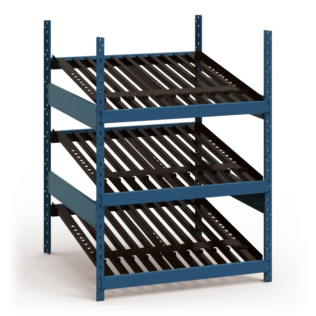 Blue metal shelving unit with black shelves on a white background