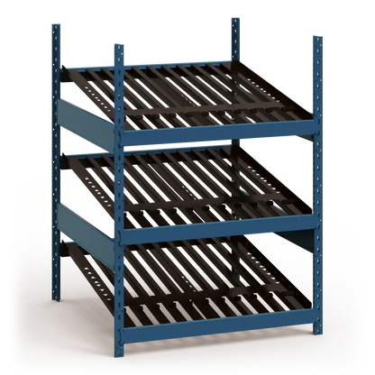 Blue metal shelving unit with black shelves on a white background